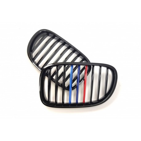 BMW 7 F01/F02 2011- Grila frontală neagră lucioasă (set de 2 piese cu ornamente în 3 culori)tuning dreapta/stânga