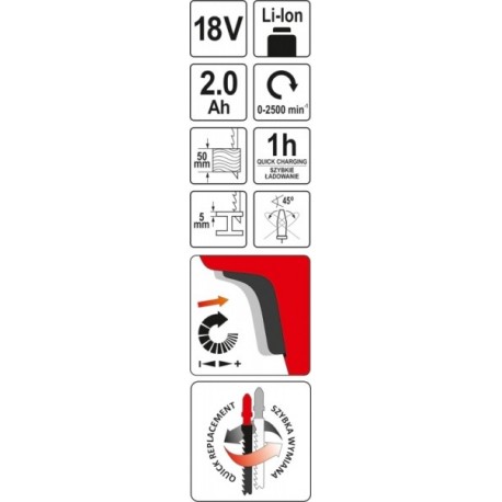 Fierăstrău vertical 18V cu funcție de suflare și tăiere, set cu încărcător YT82822