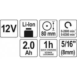 Polizor cu acumulator 12 V (2 Ah, 80 mm, 2 viteze) YT82903